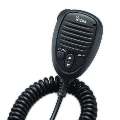 Icom HM-235B microphone, black microphone with a ribbed front, Hi/Lo and 16/C buttons and a coiled lead