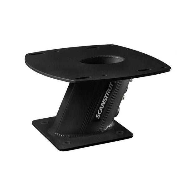 Scanstrut APT-150-01-BLK black aluminium PowerTower, aft-leaning 150mm tower with top plate and base plate, angled view