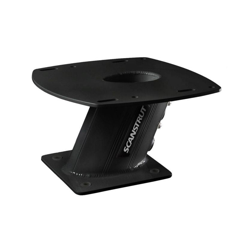 Scanstrut APT-150-01-BLK black aluminium PowerTower, aft-leaning 150mm tower with top plate and base plate, angled view