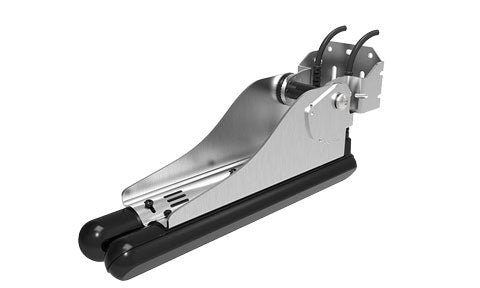 Raymarine A80281 CPT-200 SideVision transom mount transducer, steel bracket and two black cylinders, side view