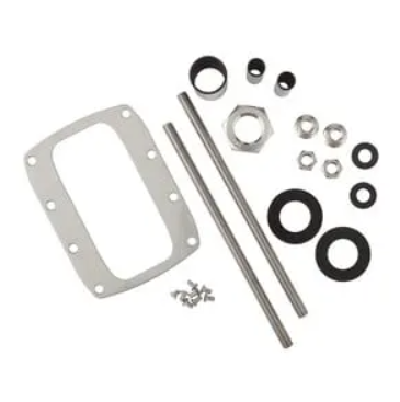 Garmin 010-12412-01 mounting hardware, steel plate gasket, threaded rods, nuts, washers and screws laid out