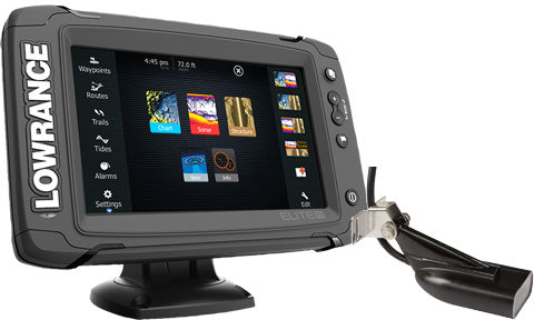 Lowrance Elite-7 Ti 000-12417-001 on bracket, home screen with icons, with Mid High DownScan transducer beside it
