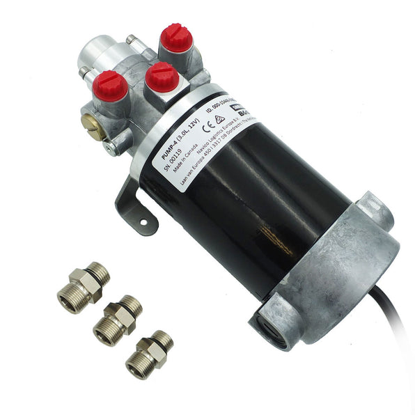 Navico 000-15446-002 PUMP-4 12 V hydraulic 3.0 L, black motor on a silver pump block with red caps and three brass fittings