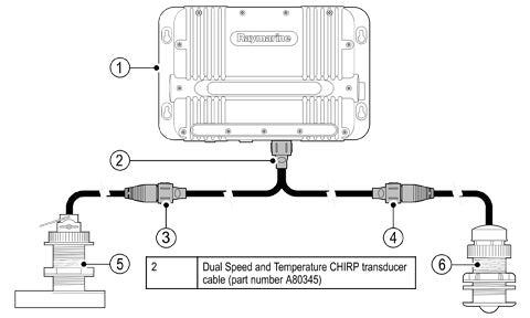 Raymarine A80345 CP450C, CP470 and CP570 speed and temperature Y cable, wiring diagram of module and two transducers