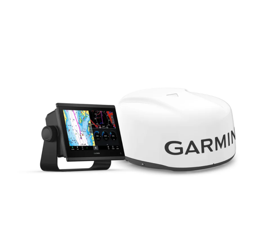 Garmin GPSMAP 923xsv 010-02366-52 chartplotter with white GMR 18 HD3 radome, bundle front view