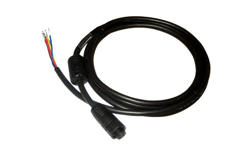 B&G Simrad 000-00128-001 4 pin power cable, coiled black cable with a round plug and bare coloured wires