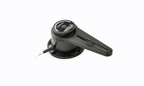 Simrad RF25 rudder feedback unit 22014286, black rotary sensor with lever arm and short cable, angled view