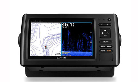 Garmin echoMAP CHIRP 75dv 010-01573-10 with DownVu, front view with chart and sonar, 45.1 depth