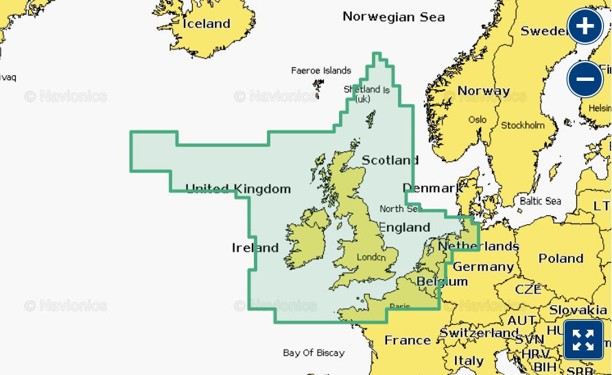Garmin Navionics+ 010-C1271-20 UK, Ireland and Holland NSEU628L 28XG coverage, green selection over the British Isles