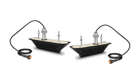 Garmin GT34UHD-THP 010-12776-11 thru-hull transducers pair, two black fairings with steel studs and cables