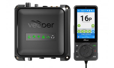 Vesper Cortex V1 010-02814-20 VHF radio with SOTDMA smart AIS, black box beside a remote handset on channel 16
