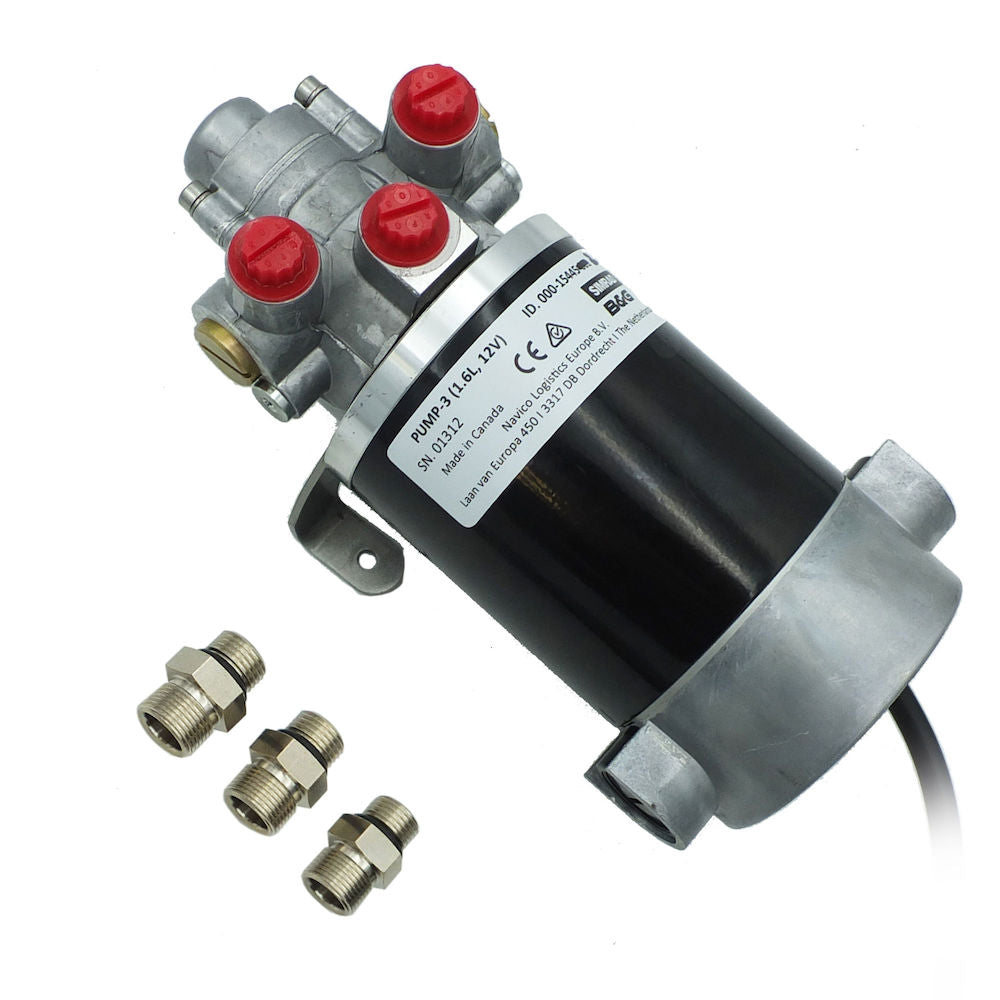 Simrad PUMP-3 12V hydraulic autopilot pump 000-15445-002 with red caps and three brass fittings