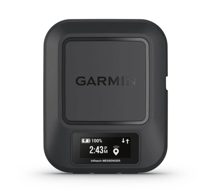 Garmin inReach Messenger 010-02672-01, front view of black unit with 2:43 clock and battery on the display