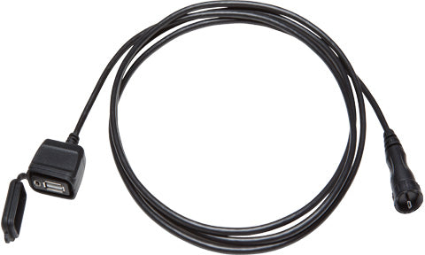 Garmin 010-12390-11 GPSMAP USB OTG adapter cable, black lead with round plug and a USB-A socket in a rubber cap