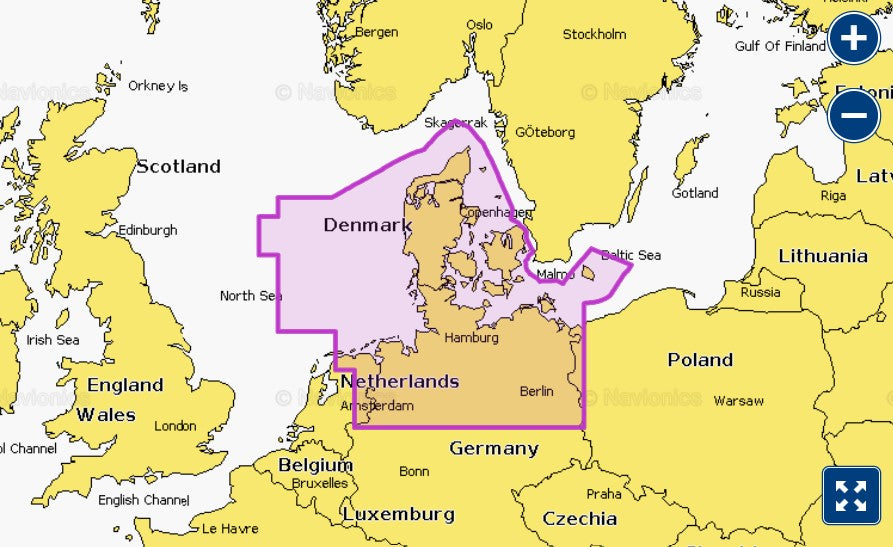 Garmin Navionics+ 010-C1243-20 Denmark and Germany North NSEU077R coverage, purple selection over Denmark