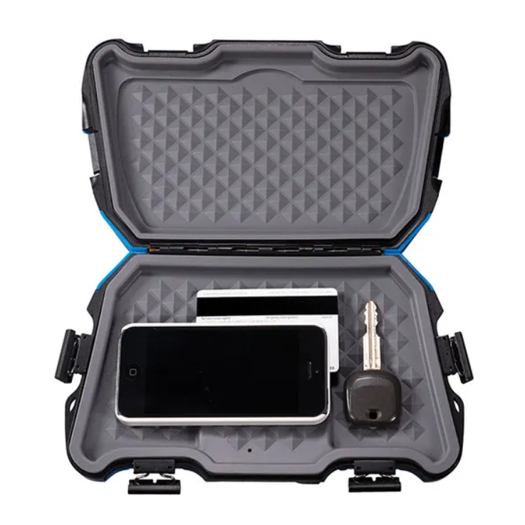 Fusion ActiveSafe 010-12519-02 in blue, open waterproof box with phone, tablet and key in foam