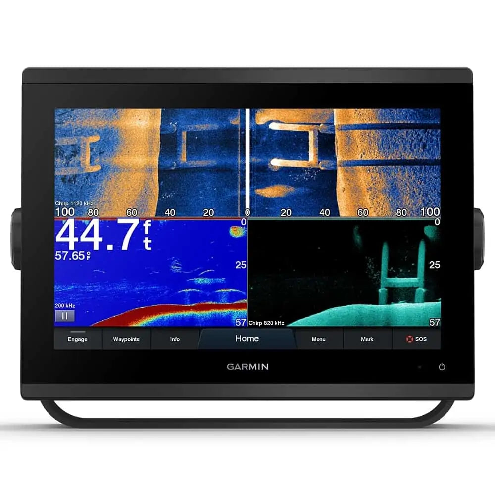 Garmin GPSMAP 1223xsv 010-02367-02 chartplotter, front view of SideVu, CHIRP and ClearVu panes, 44.7 ft