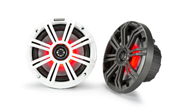 Kicker KM Marine 6.5 inch coaxial speaker system with LED, KA45KM654L, white and grey spoked speakers lit with red LEDs