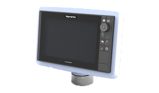 Scanstrut SPD-13-W deck pod in white holding a Raymarine multifunction display, mounted on a silver pedestal, front view