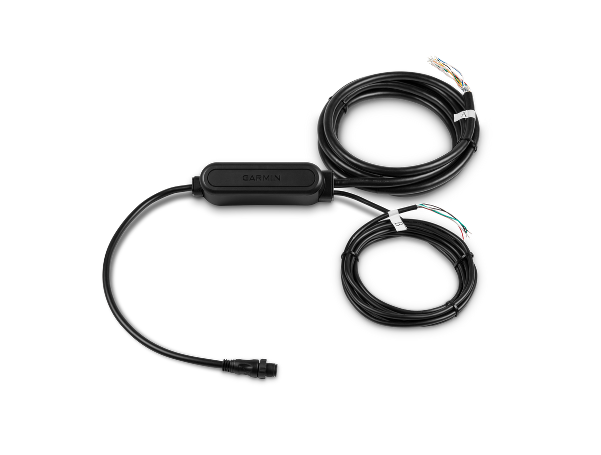 Garmin GNA 10 010-13007-00 NMEA 2000 multi-function adapter, black module with several cables and bare wires