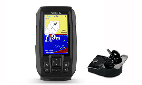 Garmin Striker Plus 4 010-01870-01 dual beam transducer, portrait fishfinder showing depth 7.9 m with transducer