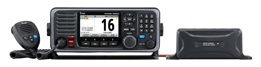Icom GM600 GMDSS VHF transceiver with Class A DSC, black radio with a microphone and a flat black box beside it