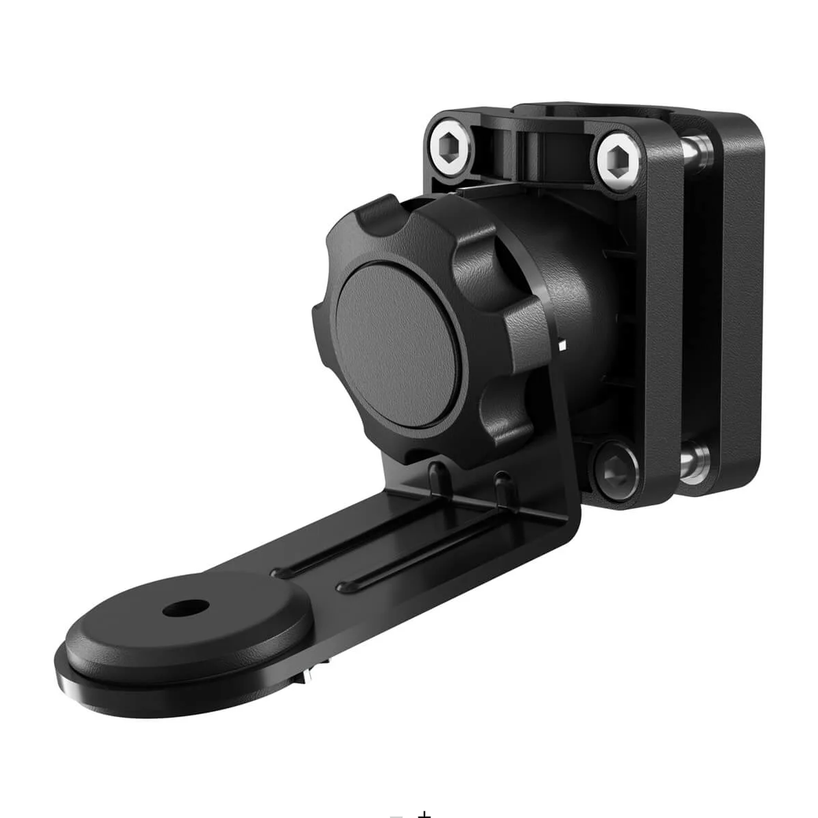 Garmin 010-13248-00 perspective mount, black adjustable mount with bolts and a flat arm, angled view