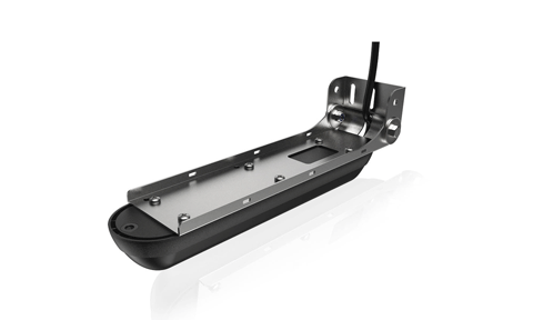 Lowrance Active Imaging 3-in-1 transducer 000-14814-001, black transom unit with steel bracket and cable, angled view