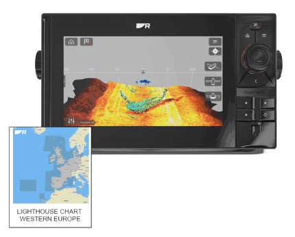 Raymarine E70654-00-WEU Axiom 2 Pro 9 RVM, display showing a 3D seabed sonar image, with a Western Europe chart card