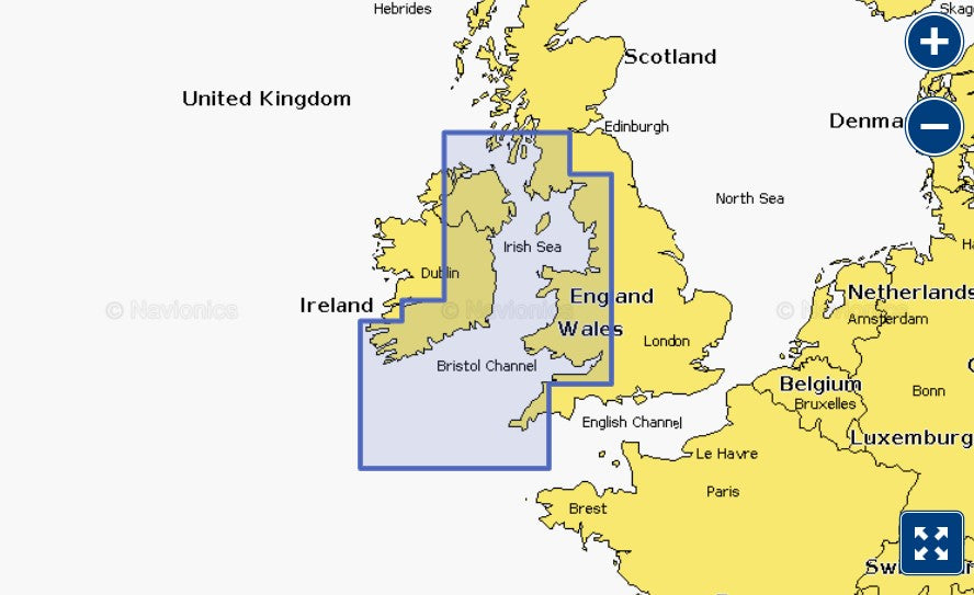Garmin Navionics+ 010-C1232-00 Irish Sea NVEU004R coverage, blue selection over Ireland, Wales and north-west England