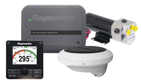 Raymarine T70330 Evolution EV-150 power autopilot pack with Type 1 pump, ACU-150, sensor core and display reading 295