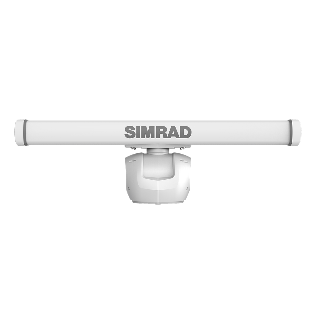 Simrad 000-15759-001 HALO 2004 open array radar, white scanner bar with Simrad lettering on a pedestal