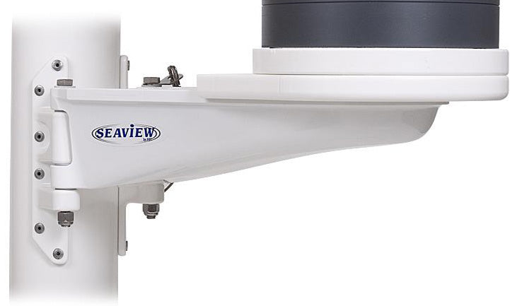 Seaview SM-14-F2 mast mount for FLIR M100 and M200 series, white bracket on a white mast carrying a grey camera base