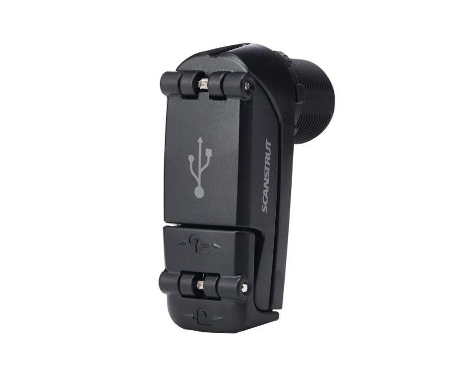 Scanstrut ROKK Charge Pro SC-USB-03 black USB socket with flip cover closed, side view showing Scanstrut logo