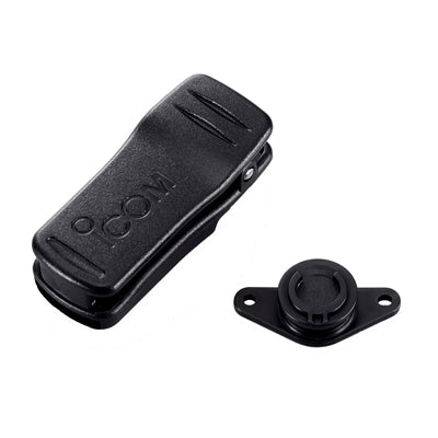 Icom MB-86 belt clip, black belt clip with the Icom logo beside a round black fixing plate, large view