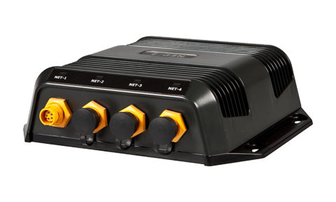 B&G Simrad Lowrance 000-10029-001 NEP-2 network expansion port, black box with four orange-ringed sockets and mounting ears