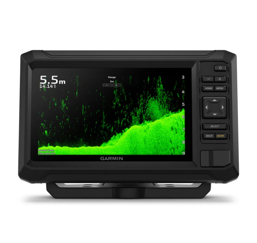 Garmin ECHOMAP UHD2 72cv 010-02593-01 with GT20-TM transducer, front view of green sonar trace, 5.5 m