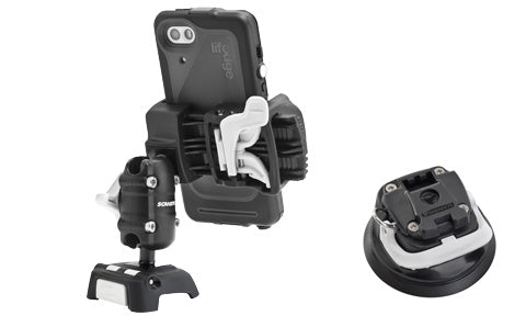 Scanstrut ROKK Mini phone clamp on a ball-joint arm holding a phone, with a separate suction base alongside