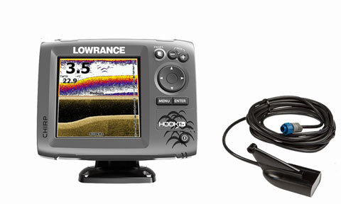 Lowrance Hook-5x 000-12653-001 chartplotter with sonar display on bracket, beside the Mid High DownScan skimmer transducer