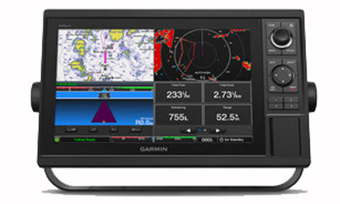Garmin GPSMAP 1222 010-01741-00 12 inch chartplotter with keypad, front view of chart, radar and autopilot