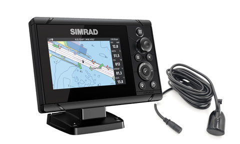 Simrad Cruise 5 ROW 000-14998-001 chartplotter on tilt bracket showing chart screen, with 83/200 transducer and cable