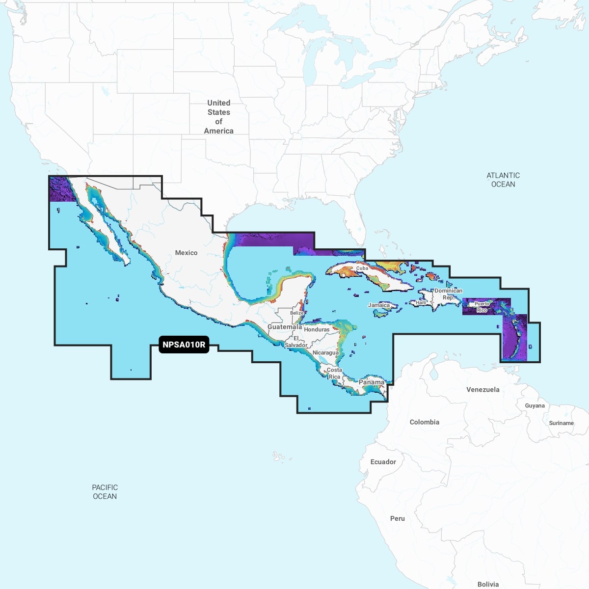Garmin Navionics+ 010-C1459-30 Central America and Caribbean marine charts, outline over Mexico and Caribbean
