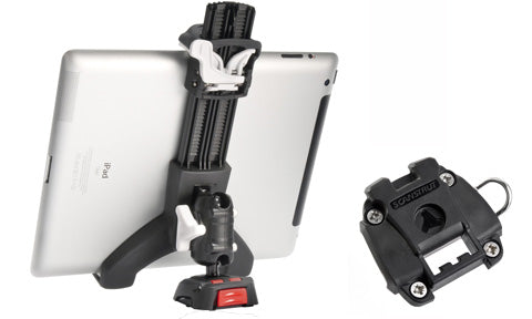 ROKK Mini tablet kit RLS-508-401 holding a tablet in the clamp, with a separate screw-down base shown at right
