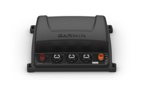 Garmin GCV 20 010-02055-10 sounderbox, black unit with red, white and orange sockets, front view