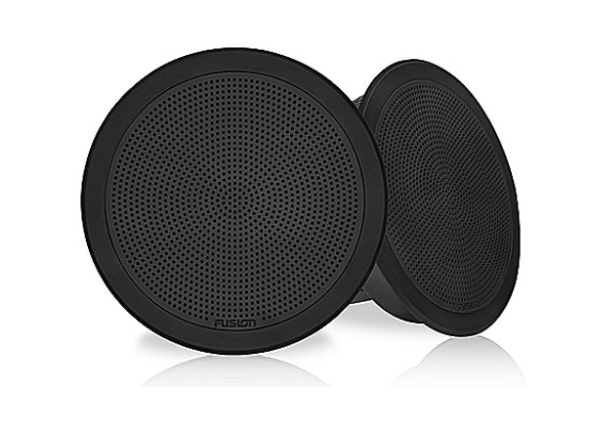Fusion 010-02299-01 6.5in flush mount round black speakers 30w RMS, pair, front and angled view