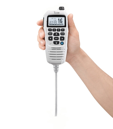 Icom HM-229W white CommandMic held in a hand, display showing channel 16 with keypad buttons below