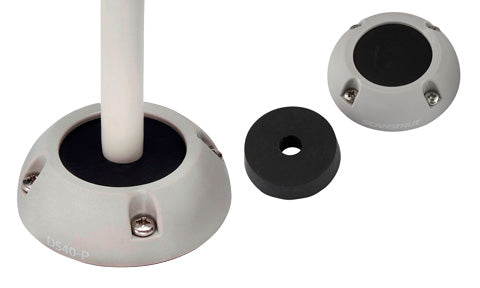 Scanstrut DS40-P large grey plastic cable seal on a deck with white cable through it, plus spare rubber grommet