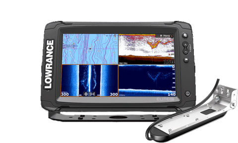 Lowrance Elite-9 Ti 000-13274-008 chartplotter showing split sonar and chart screens, with TotalScan transducer alongside