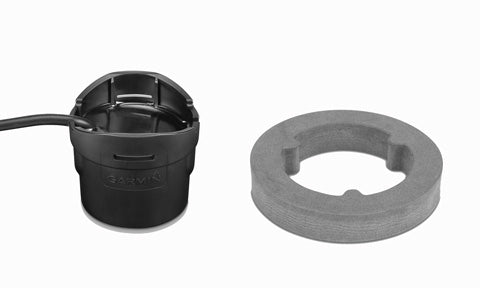 Garmin GT8HW-IH 010-12401-10 transducer 8 pin, black round in-hull housing beside a grey foam ring