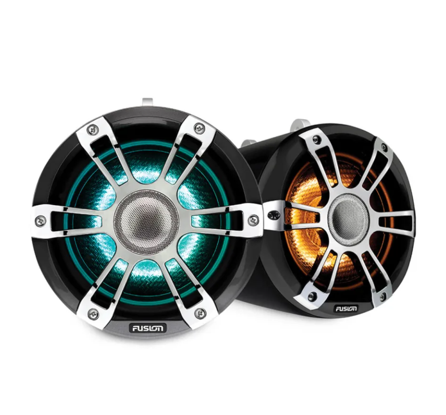 Fusion Signature Series 3 010-02439-01 7.7in wake tower speaker pair in black, lit aqua and amber